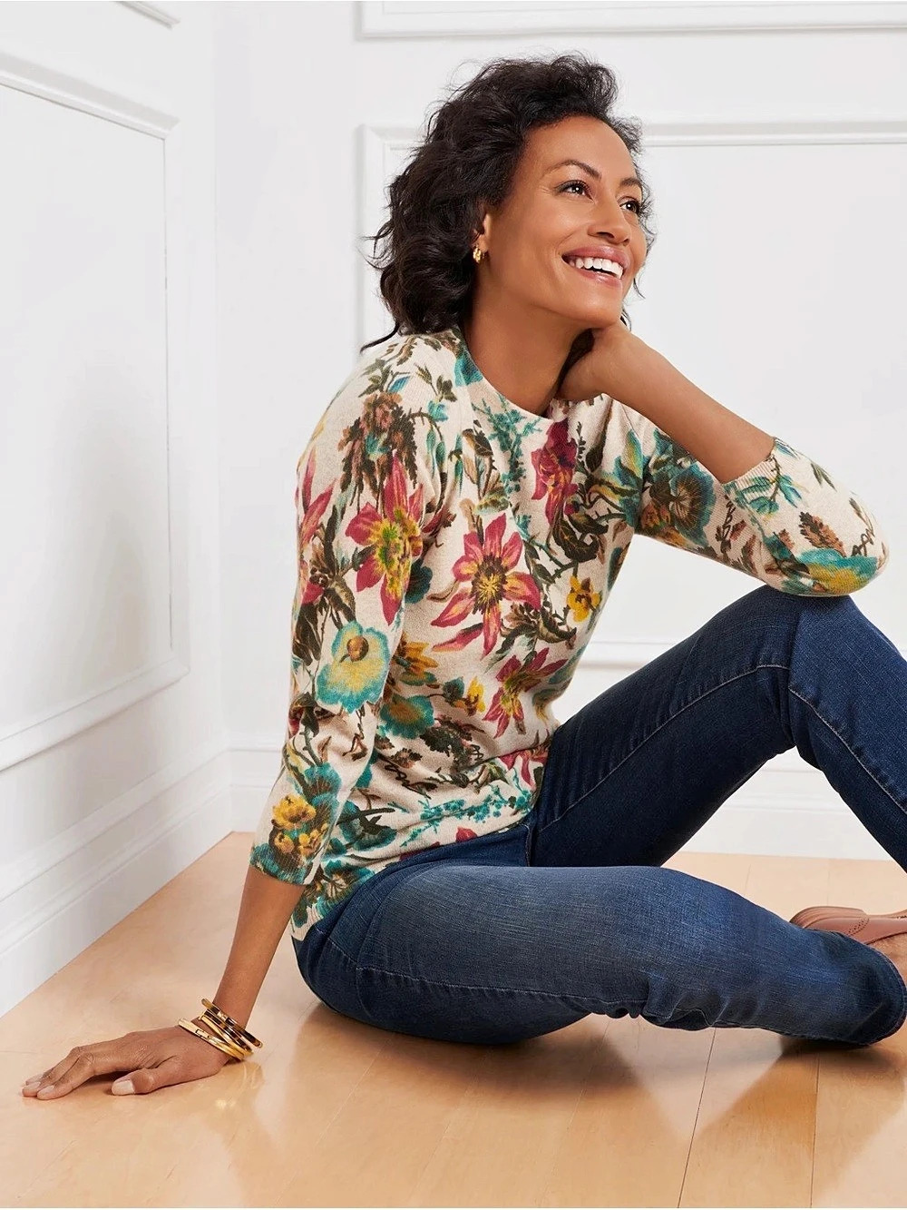 NWT $199 Talbots Audrey Cashmere Sweater - Splendid Floral Multicolor Cream 1X